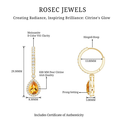 Natural Citrine Teardrop Earrings with Hinged Hoop