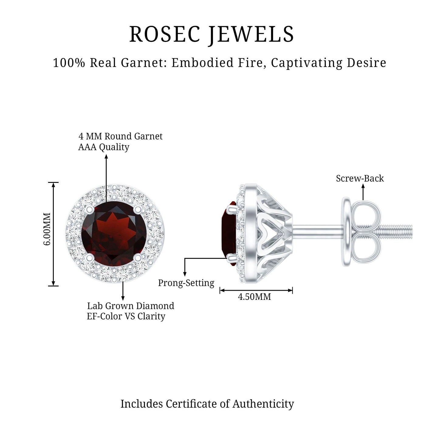 Genuine Garnet Stud Earrings with Lab Grown Diamond Halo