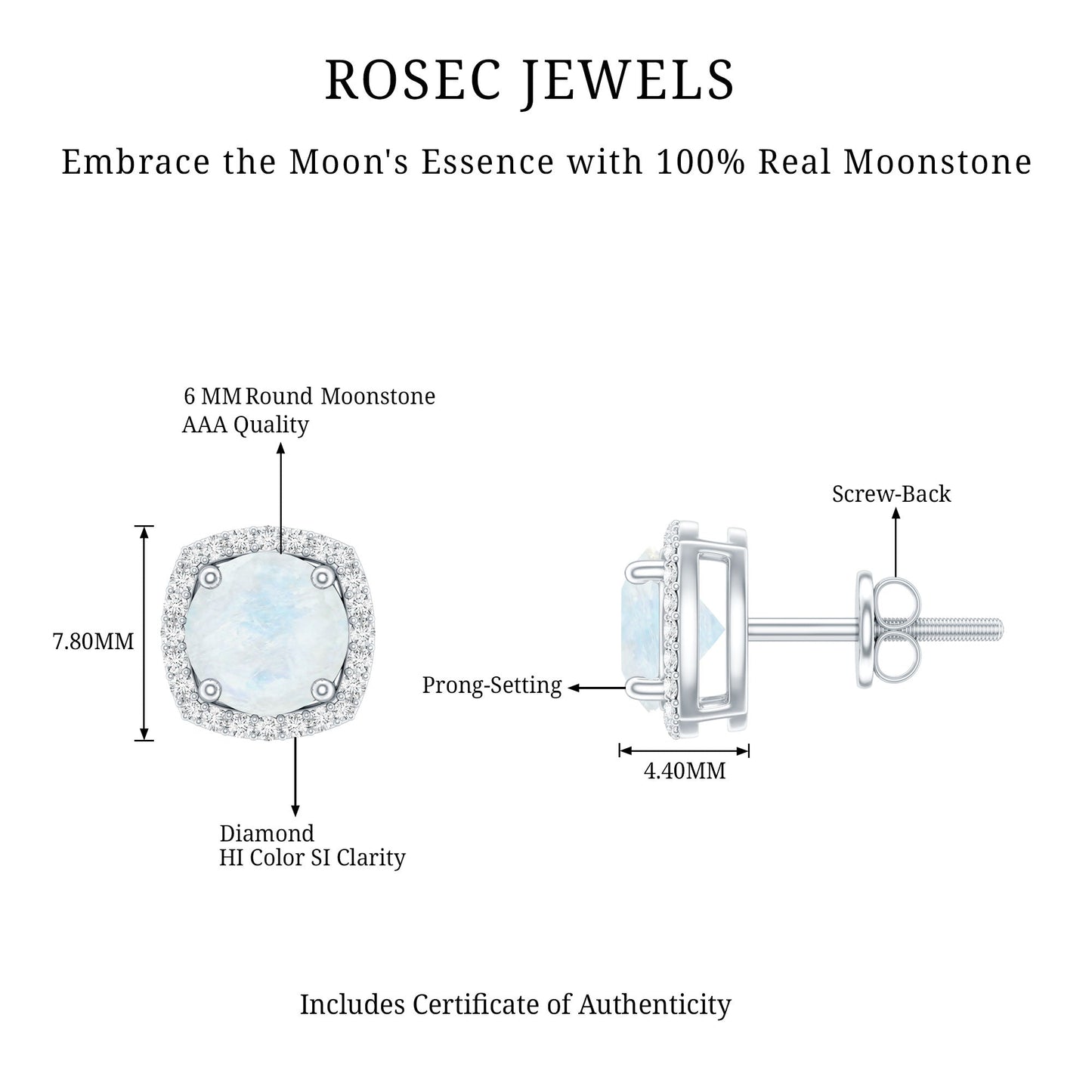 Natural 0.7 Carat Moonstone Stud Earrings with Diamond Halo