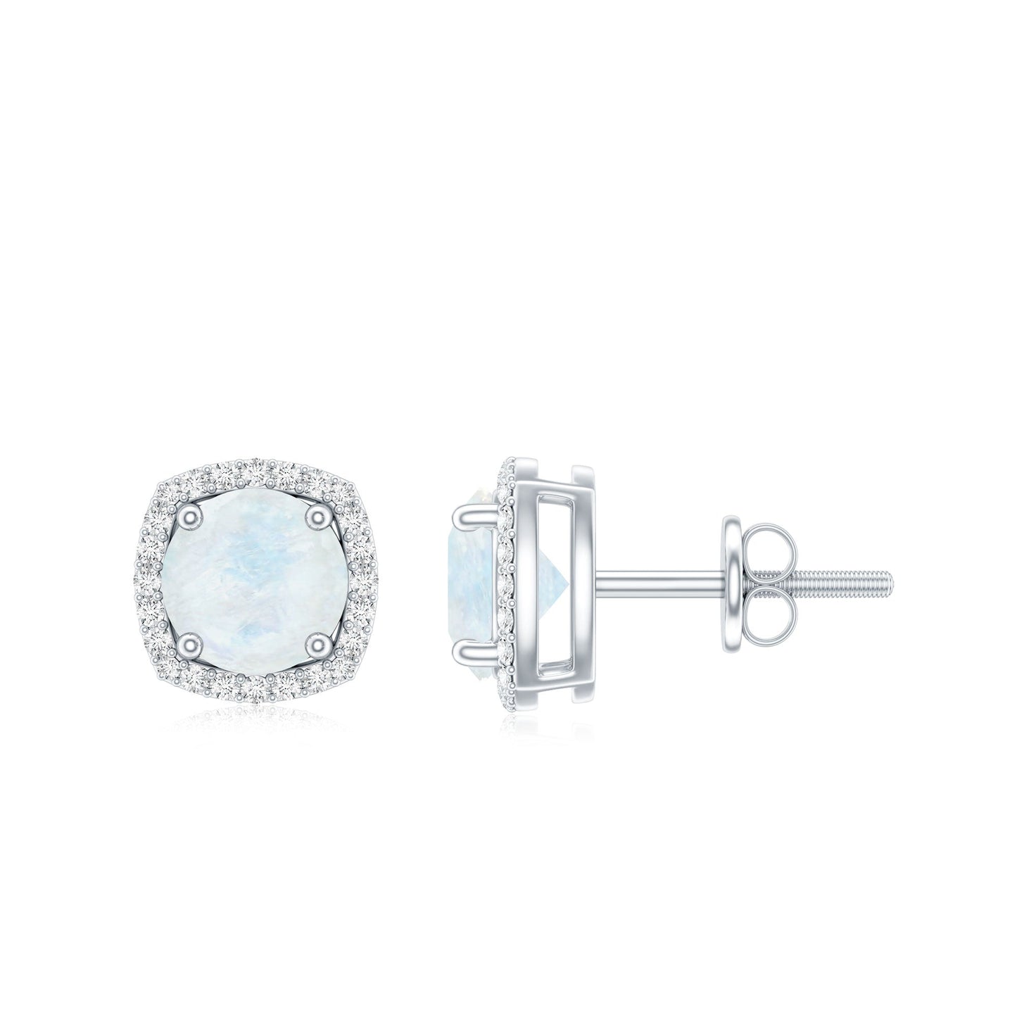 Natural 0.7 Carat Moonstone Stud Earrings with Diamond Halo