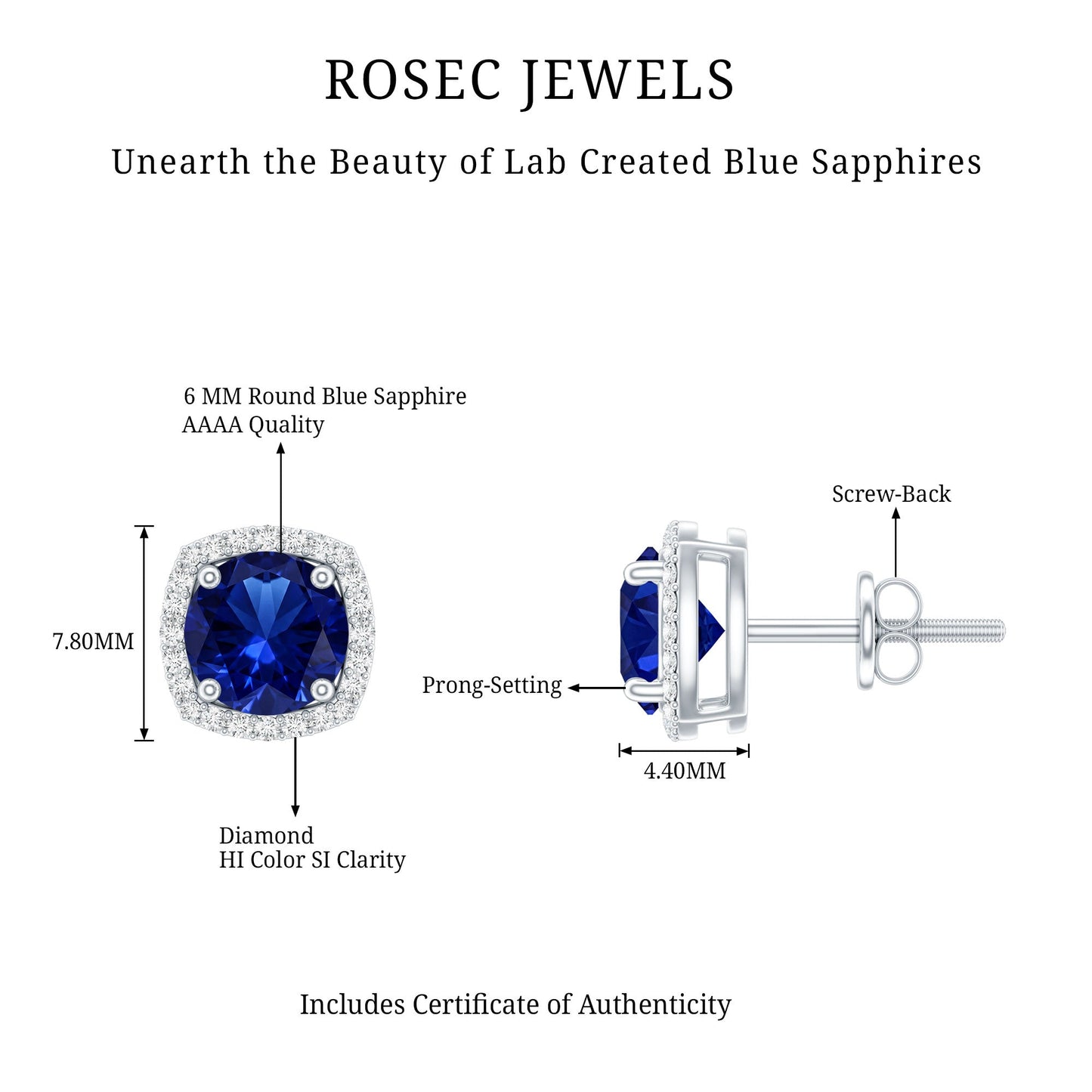 Certified Lab Grown Blue Sapphire and Diamond Halo Stud Earrings