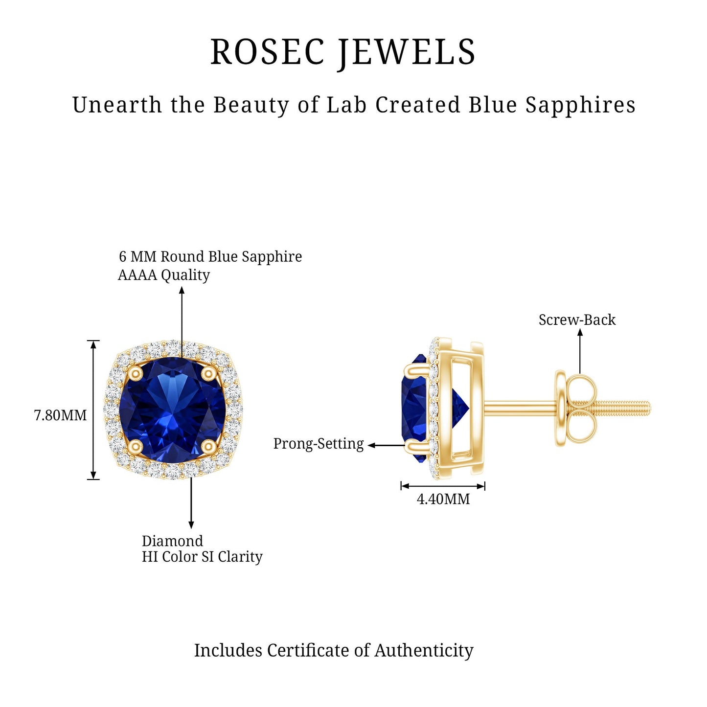 Certified Lab Grown Blue Sapphire and Diamond Halo Stud Earrings