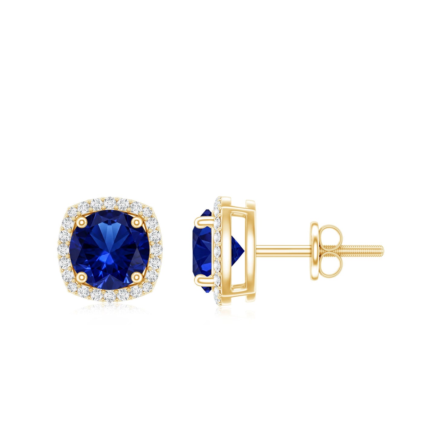 Certified Lab Grown Blue Sapphire and Diamond Halo Stud Earrings