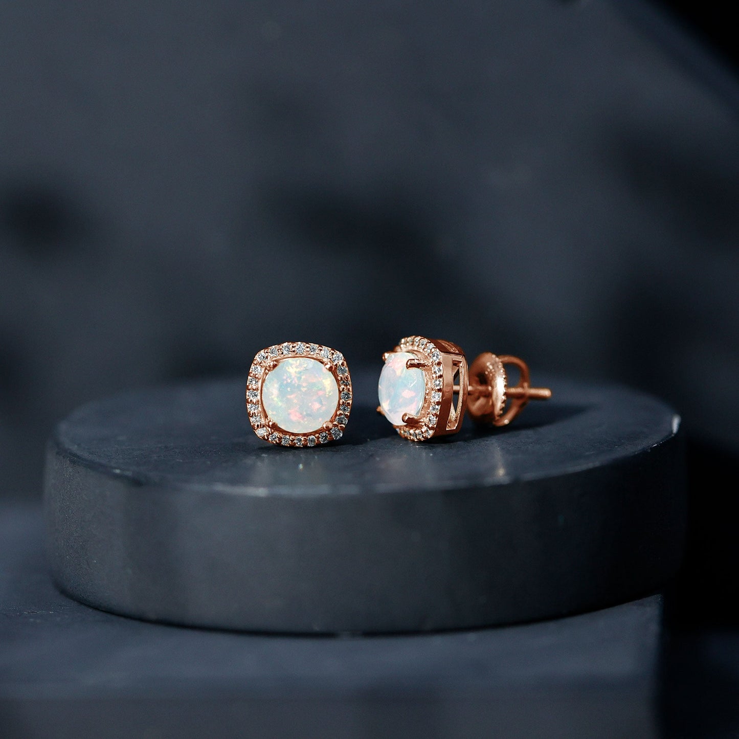 Real 1.6 Carat Ethiopian Opal and Diamond Halo Stud Earrings
