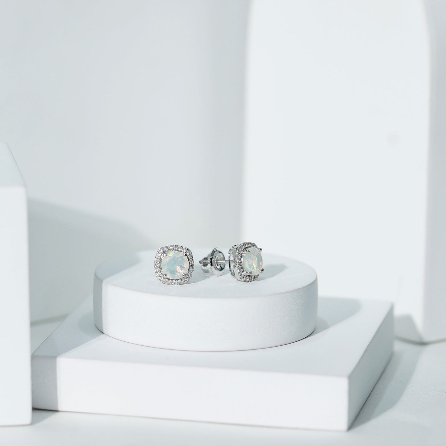 Real 1.6 Carat Ethiopian Opal and Diamond Halo Stud Earrings