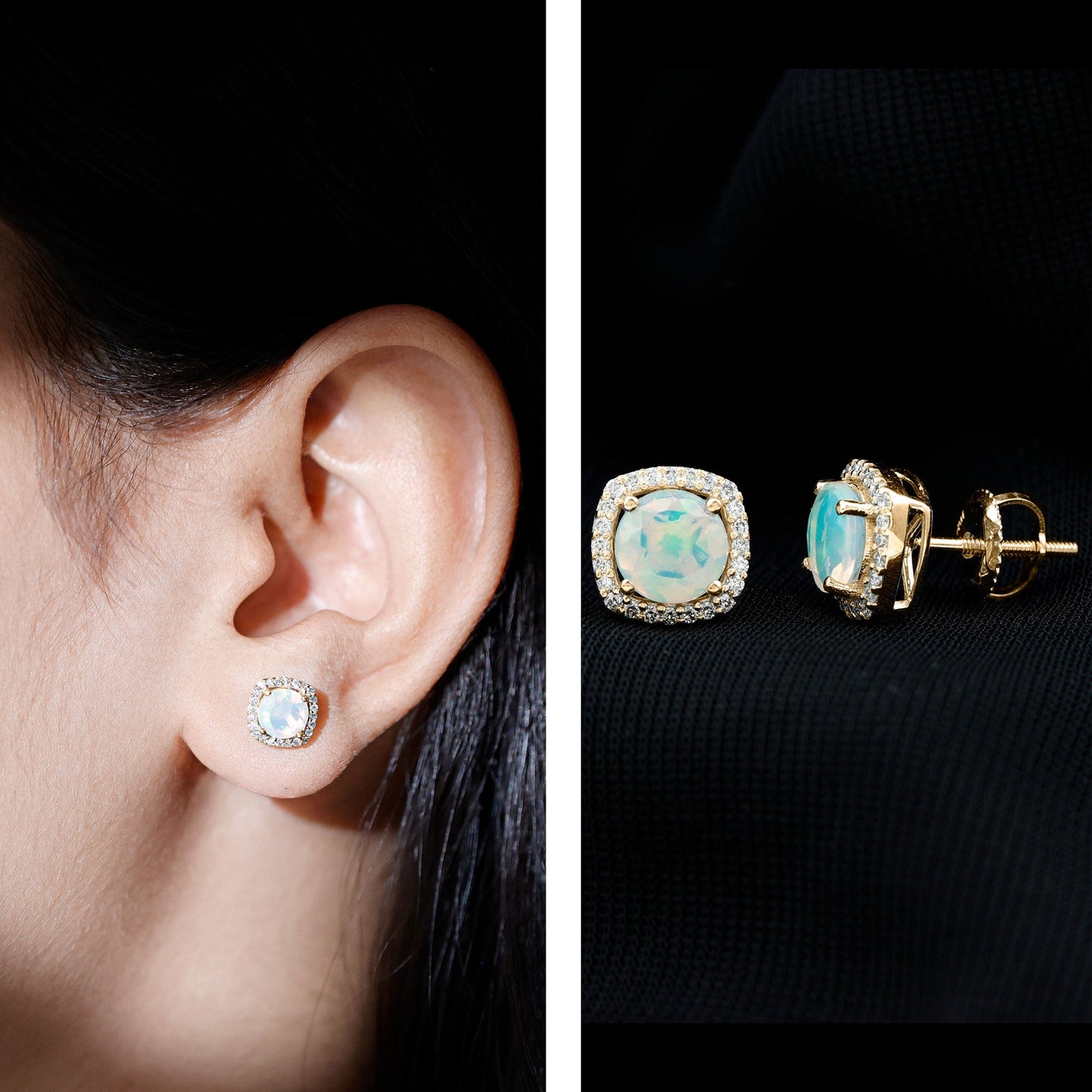 Real 1.6 Carat Ethiopian Opal and Diamond Halo Stud Earrings
