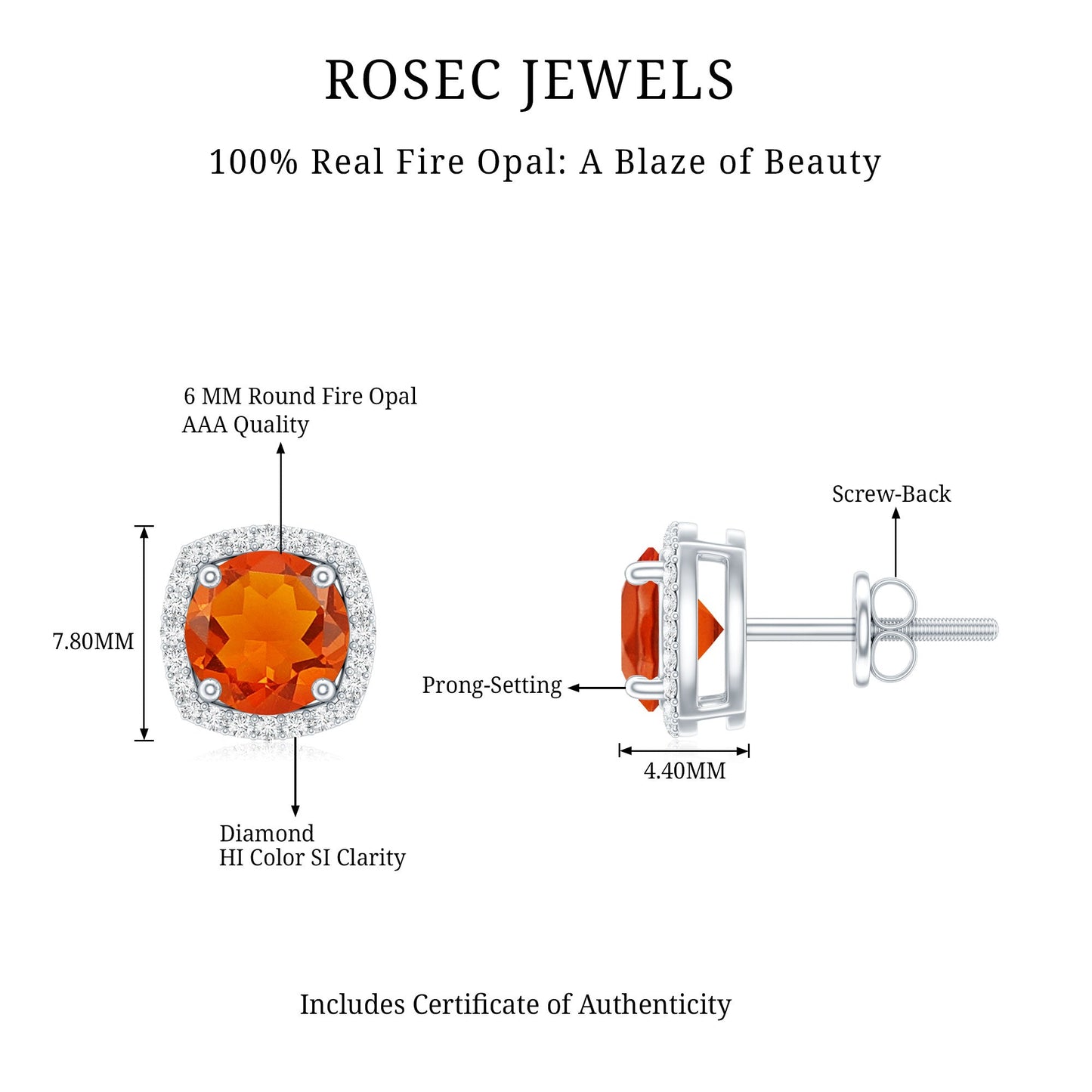 1.5 CT Round Fire Opal and Diamond Halo Stud Earrings