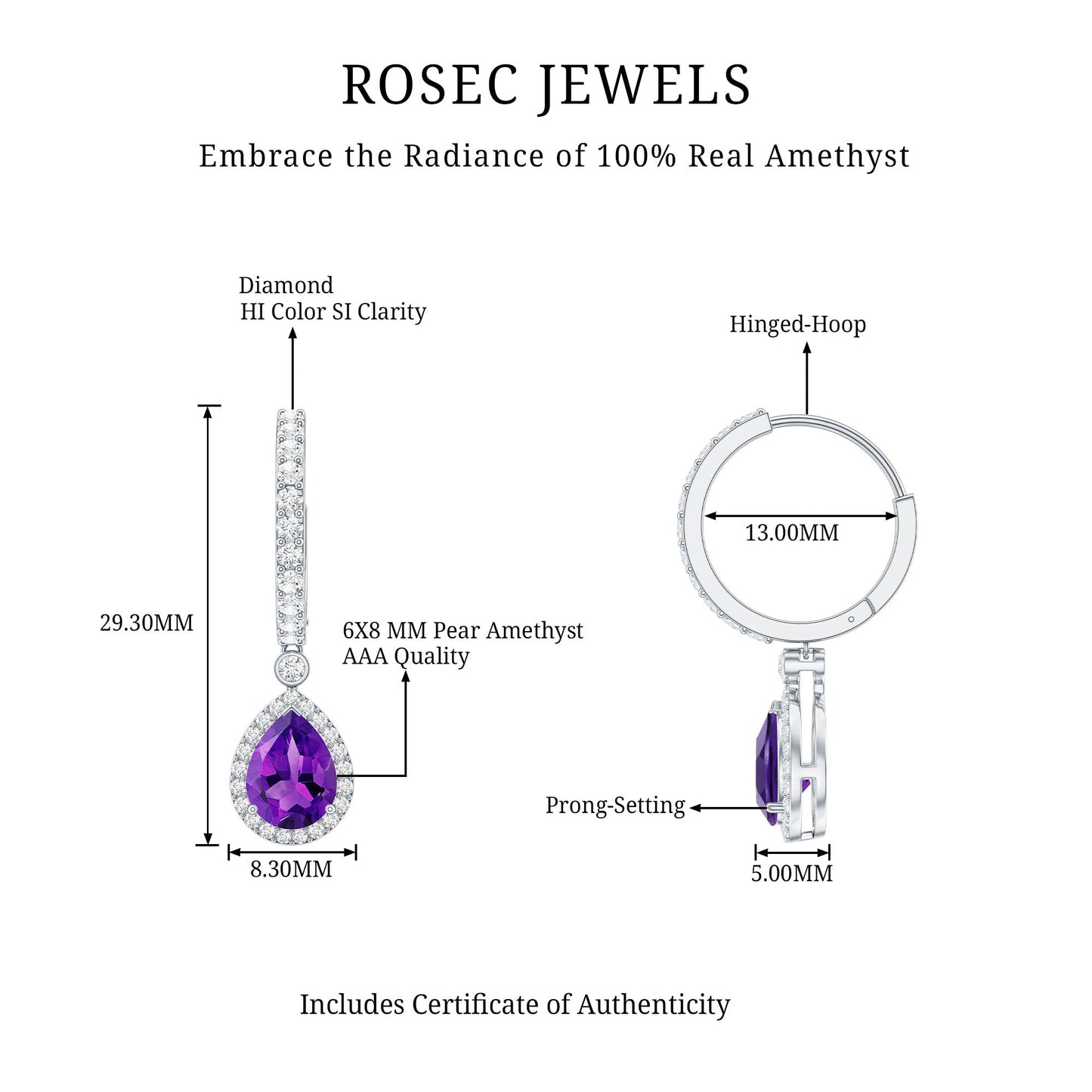 2 Carat Pear Cut Amethyst Hoop Drop Earrings with Diamond Halo