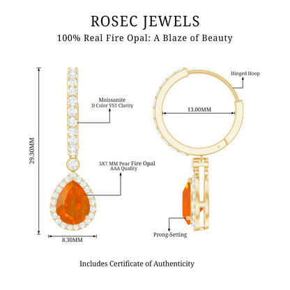Natural Fire Opal Teardrop Hoop Earrings with Moissanite
