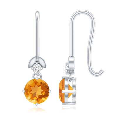 Certified Natural Citrine Diamond Drop Earrings with Fish Hook