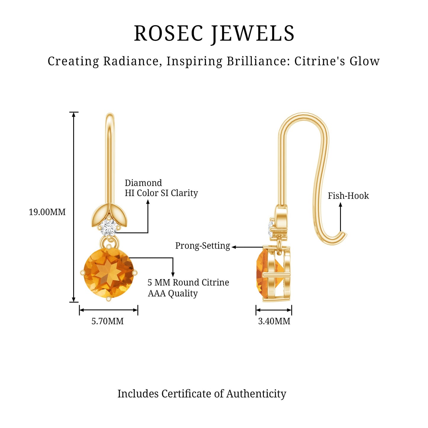 Certified Natural Citrine Diamond Drop Earrings with Fish Hook