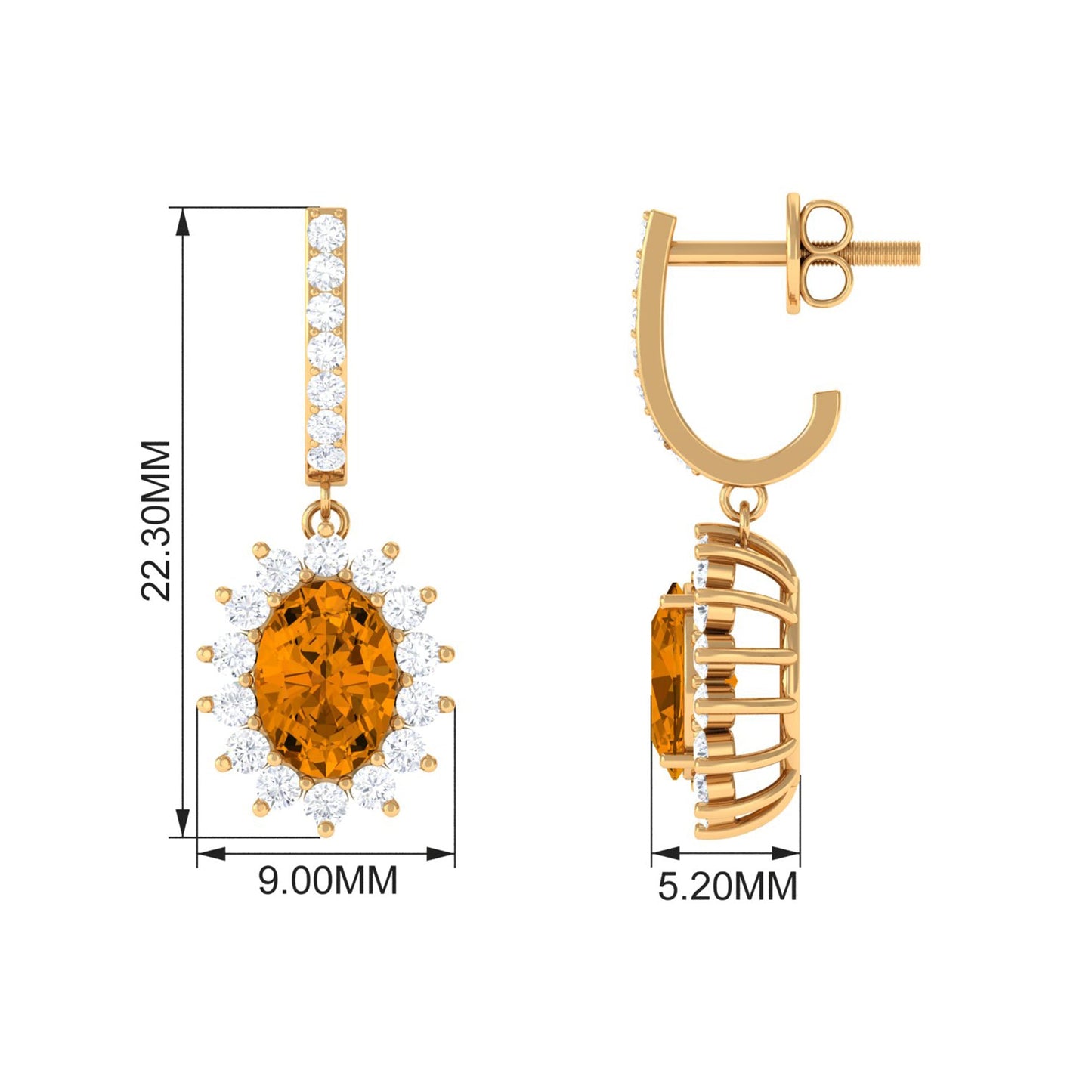 Natural 2.2 Carat Oval Citrine Drop Earrings with Moissanite