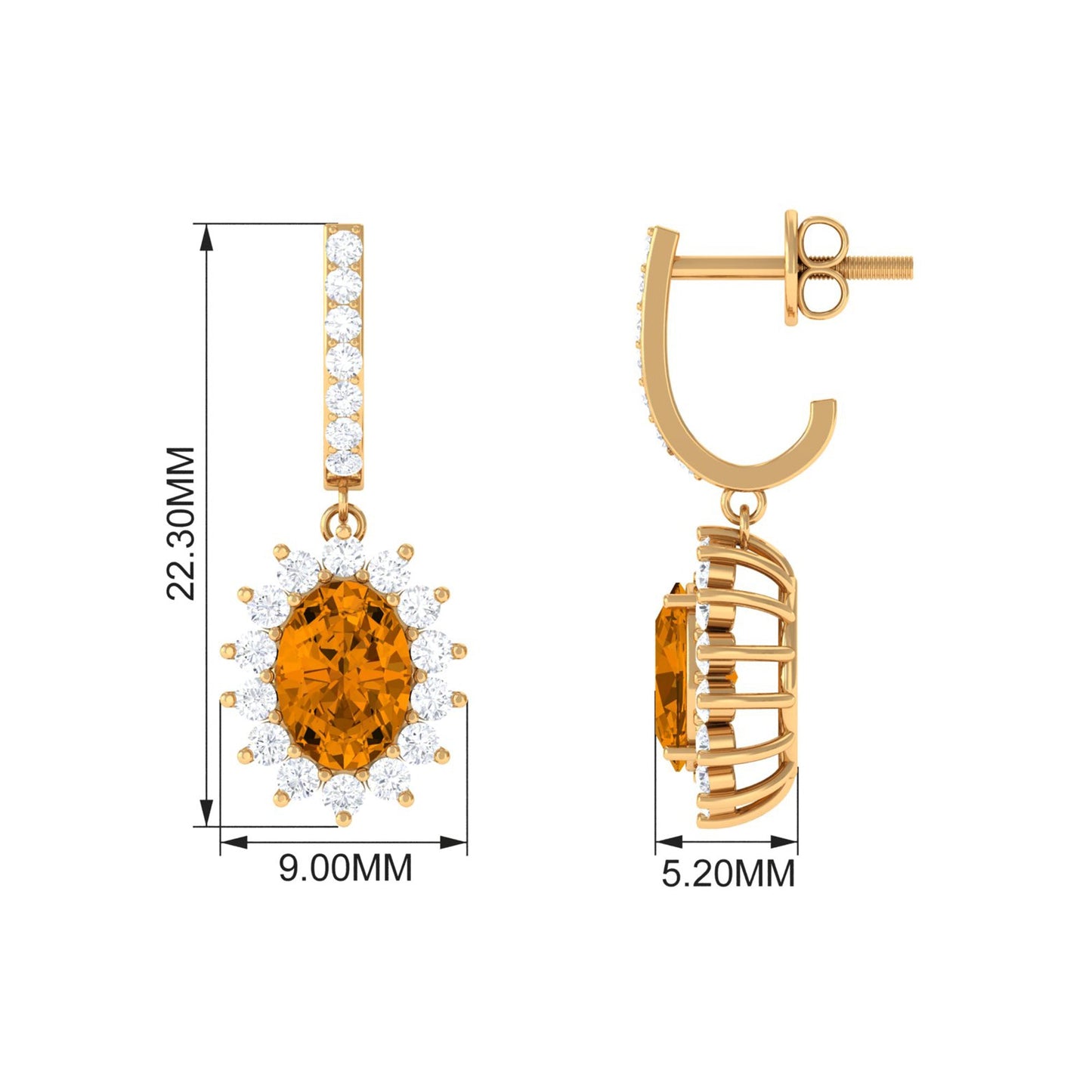 Natural 2.2 Carat Oval Citrine Drop Earrings with Moissanite