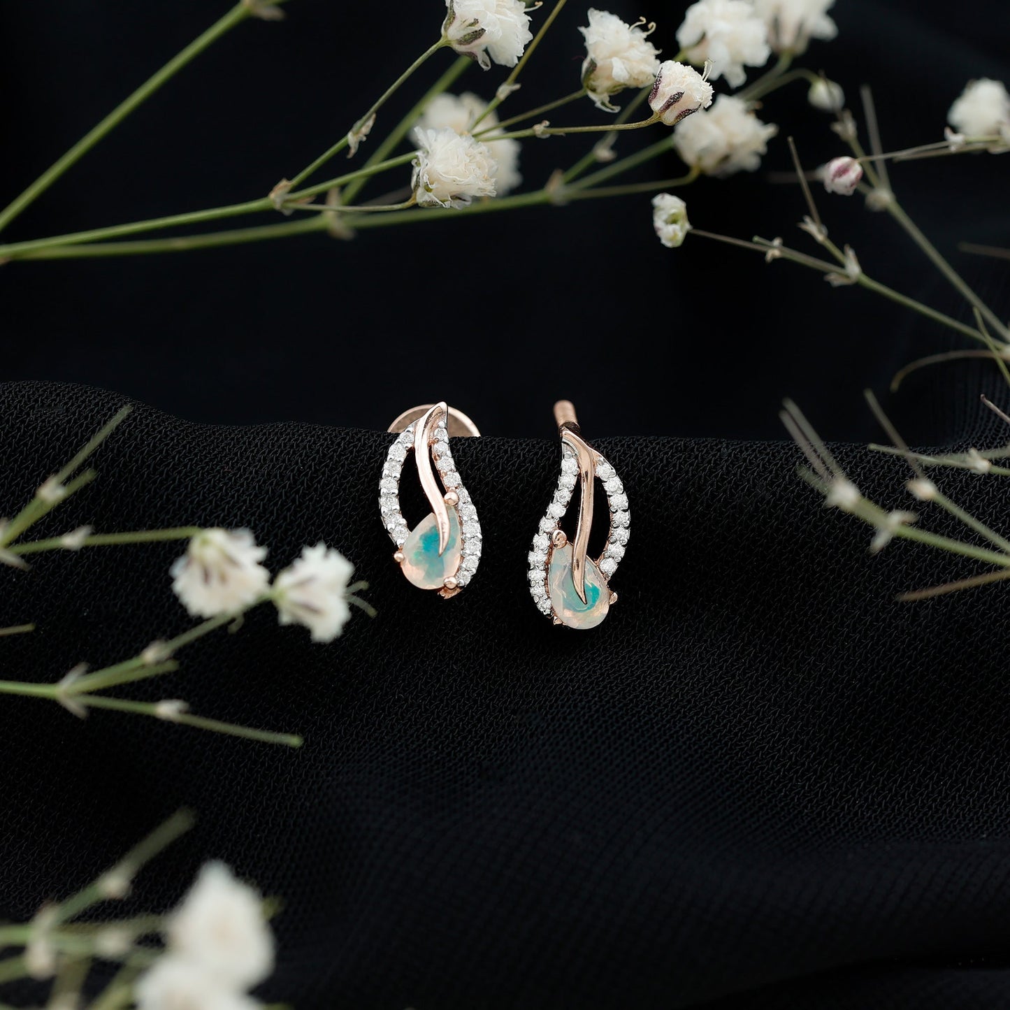 Pear Shape Ethiopian Opal Leaf Stud Earrings with Moissanite