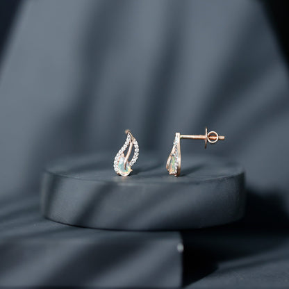 Pear Shape Ethiopian Opal Leaf Stud Earrings with Moissanite