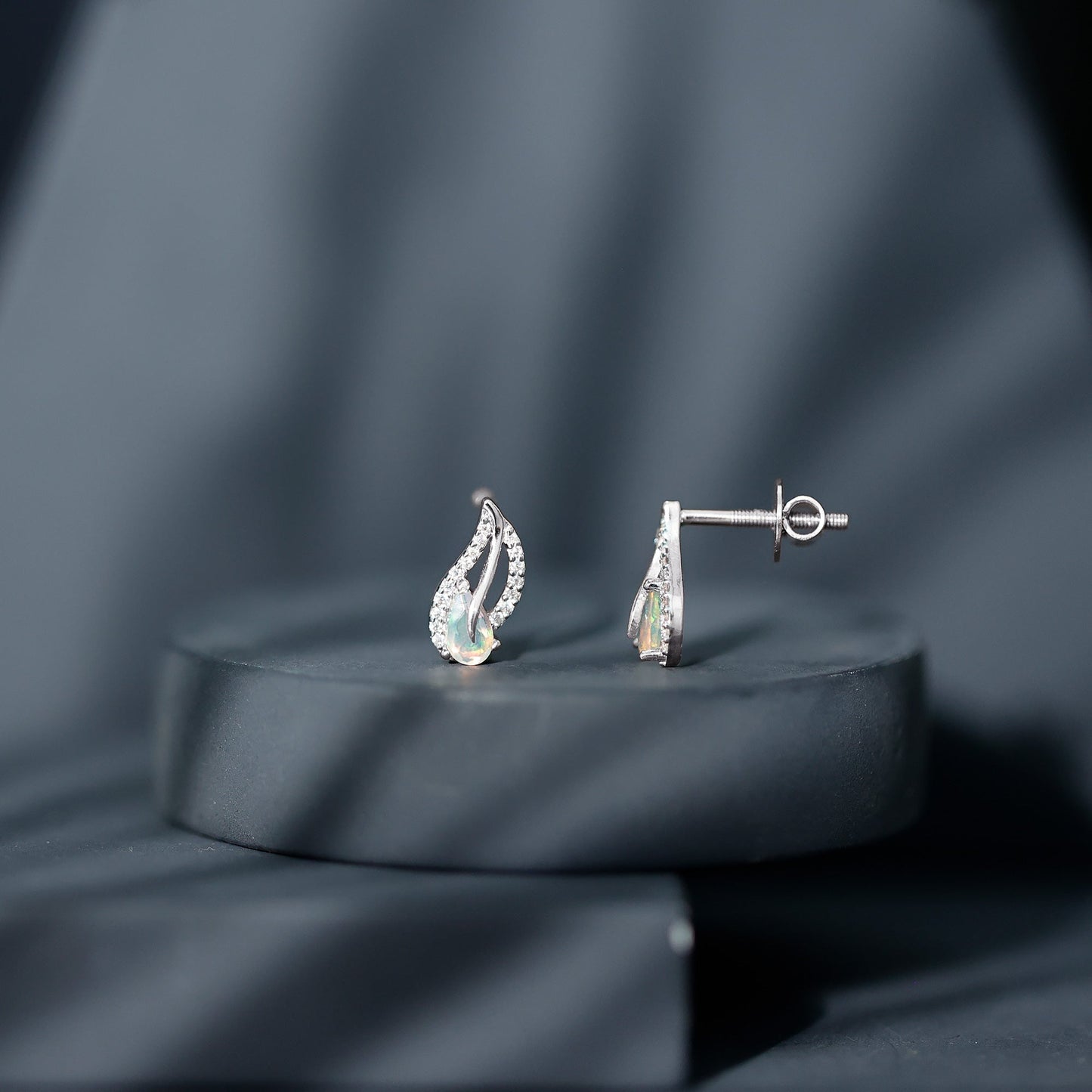 Pear Shape Ethiopian Opal Leaf Stud Earrings with Moissanite