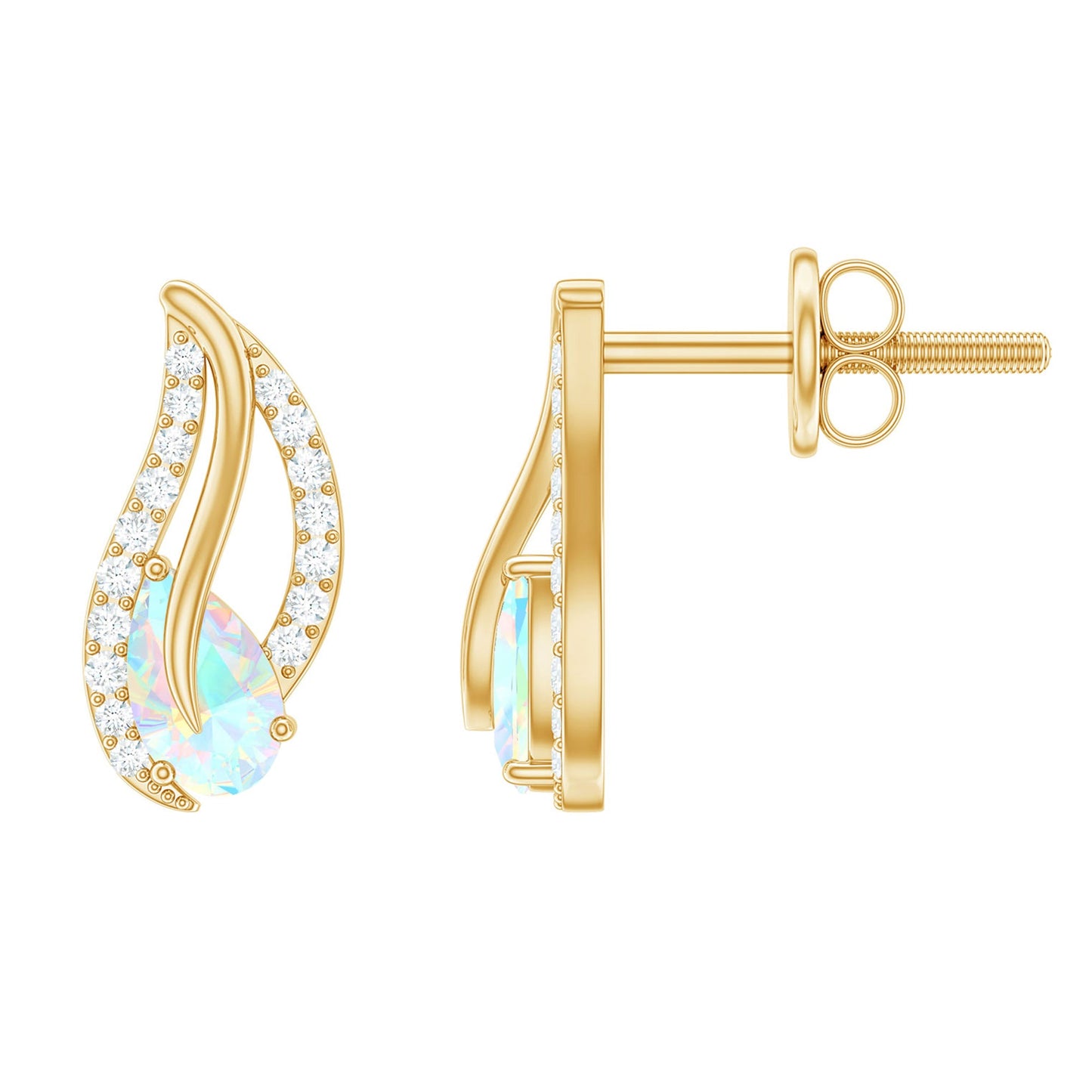 Pear Shape Ethiopian Opal Leaf Stud Earrings with Moissanite