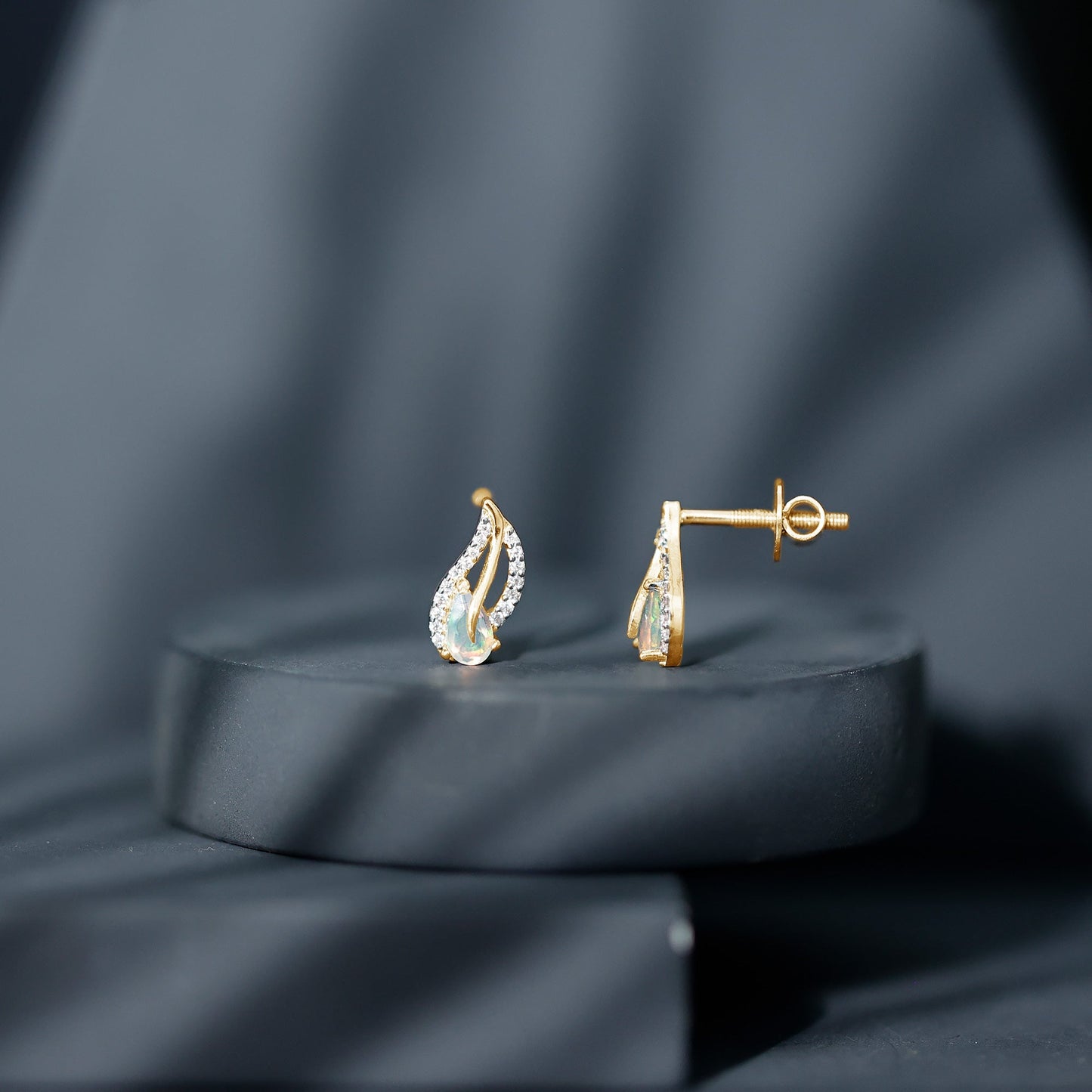 Pear Shape Ethiopian Opal Leaf Stud Earrings with Moissanite