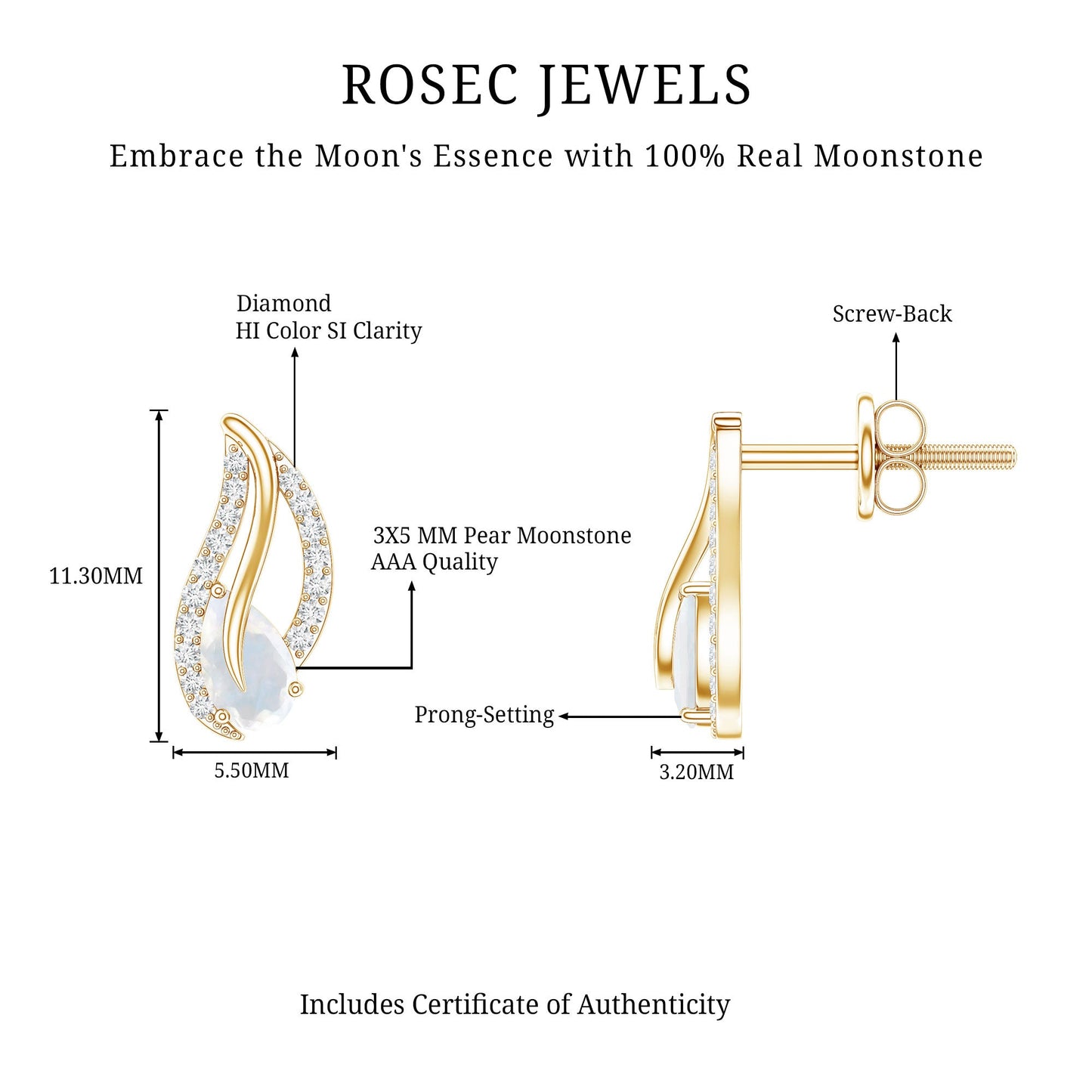 Natural Moonstone Leaf Stud Earrings with Diamond