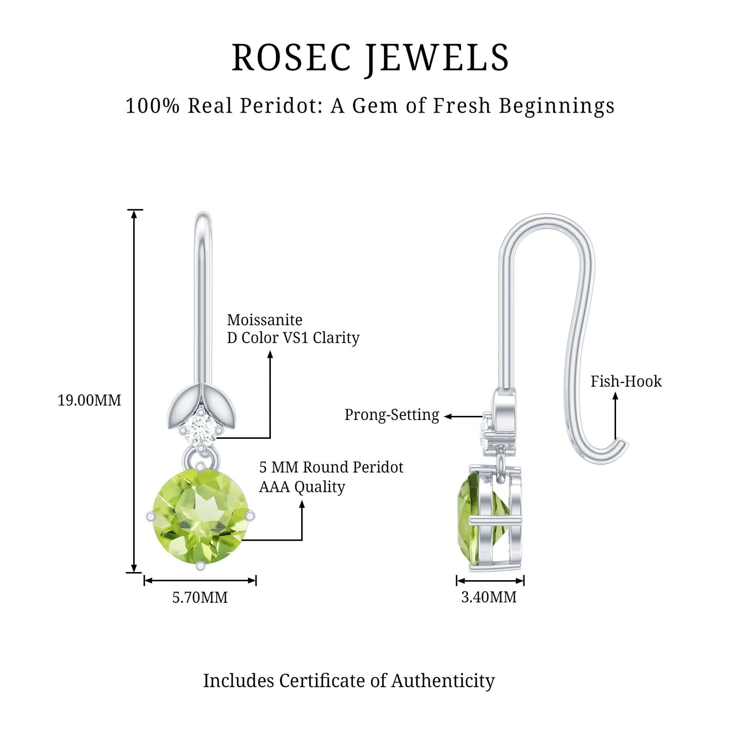 1 Carat Round Peridot and Moissanite Drop Earrings with Fish Hook