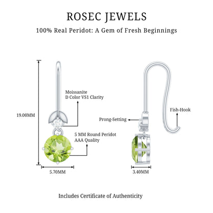 1 Carat Round Peridot and Moissanite Drop Earrings with Fish Hook