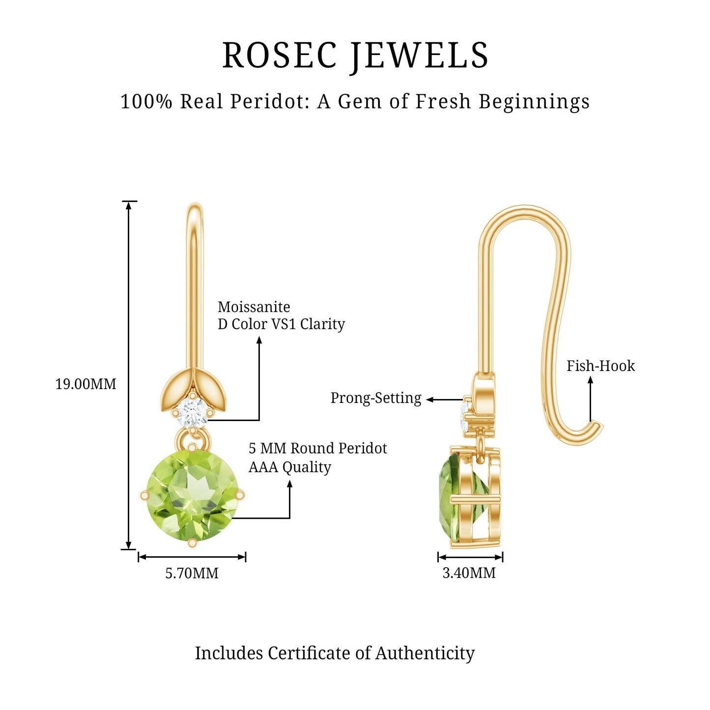 1 Carat Round Peridot and Moissanite Drop Earrings with Fish Hook