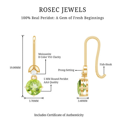 1 Carat Round Peridot and Moissanite Drop Earrings with Fish Hook