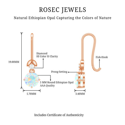 Round Ethiopian Opal and Diamond Drop Earrings with Fish Hook