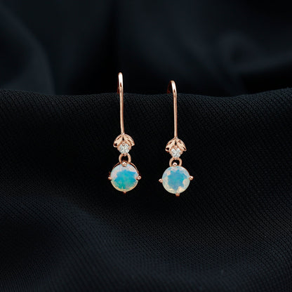 Round Ethiopian Opal and Diamond Drop Earrings with Fish Hook