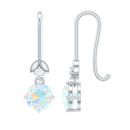 Round Ethiopian Opal and Diamond Drop Earrings with Fish Hook
