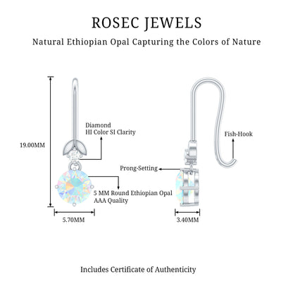 Round Ethiopian Opal and Diamond Drop Earrings with Fish Hook