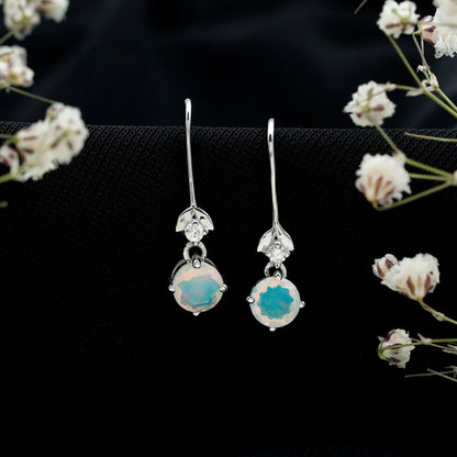 Round Ethiopian Opal and Diamond Drop Earrings with Fish Hook