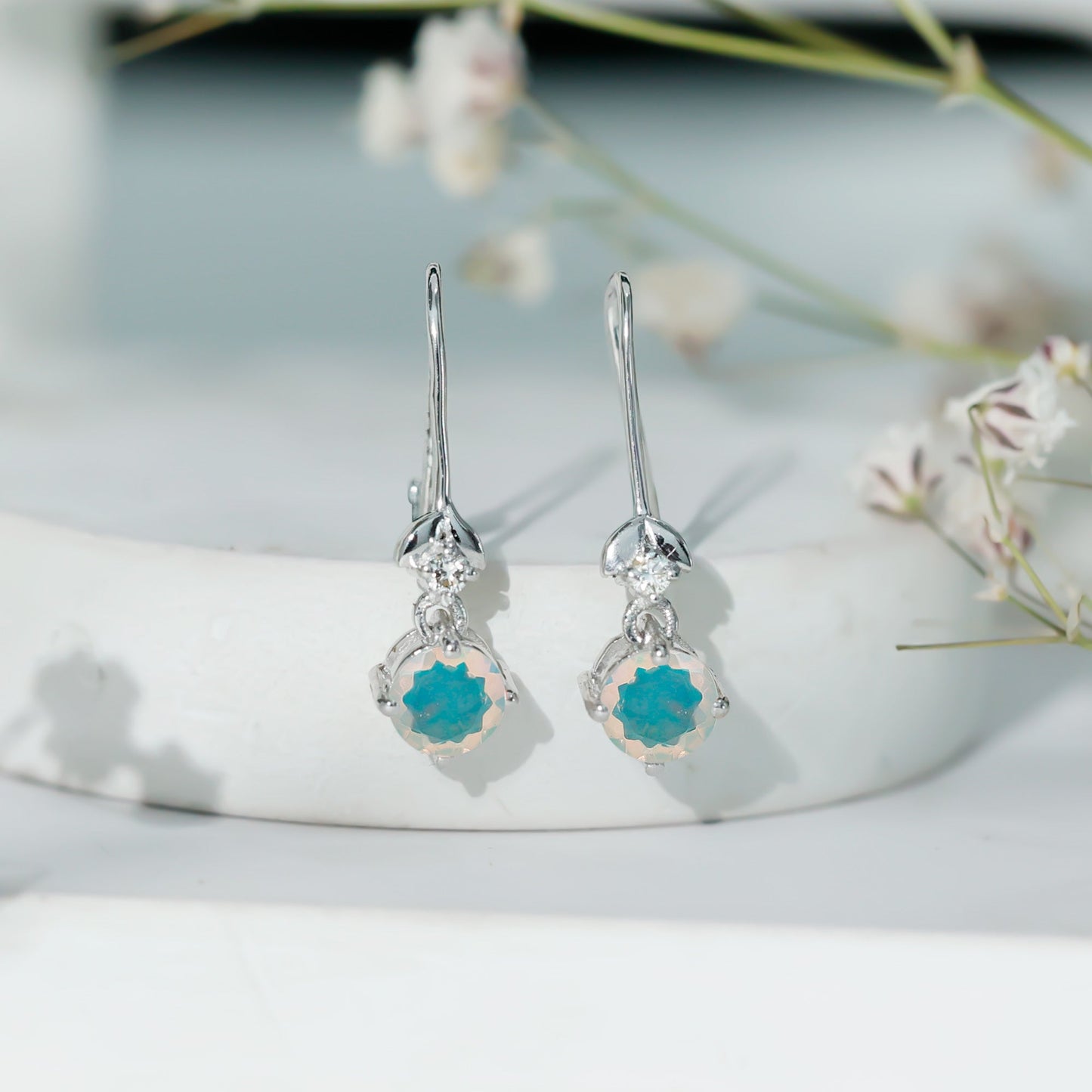 Round Ethiopian Opal and Diamond Drop Earrings with Fish Hook