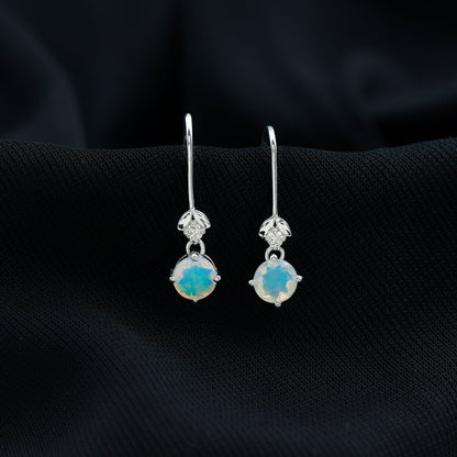 Round Ethiopian Opal and Diamond Drop Earrings with Fish Hook