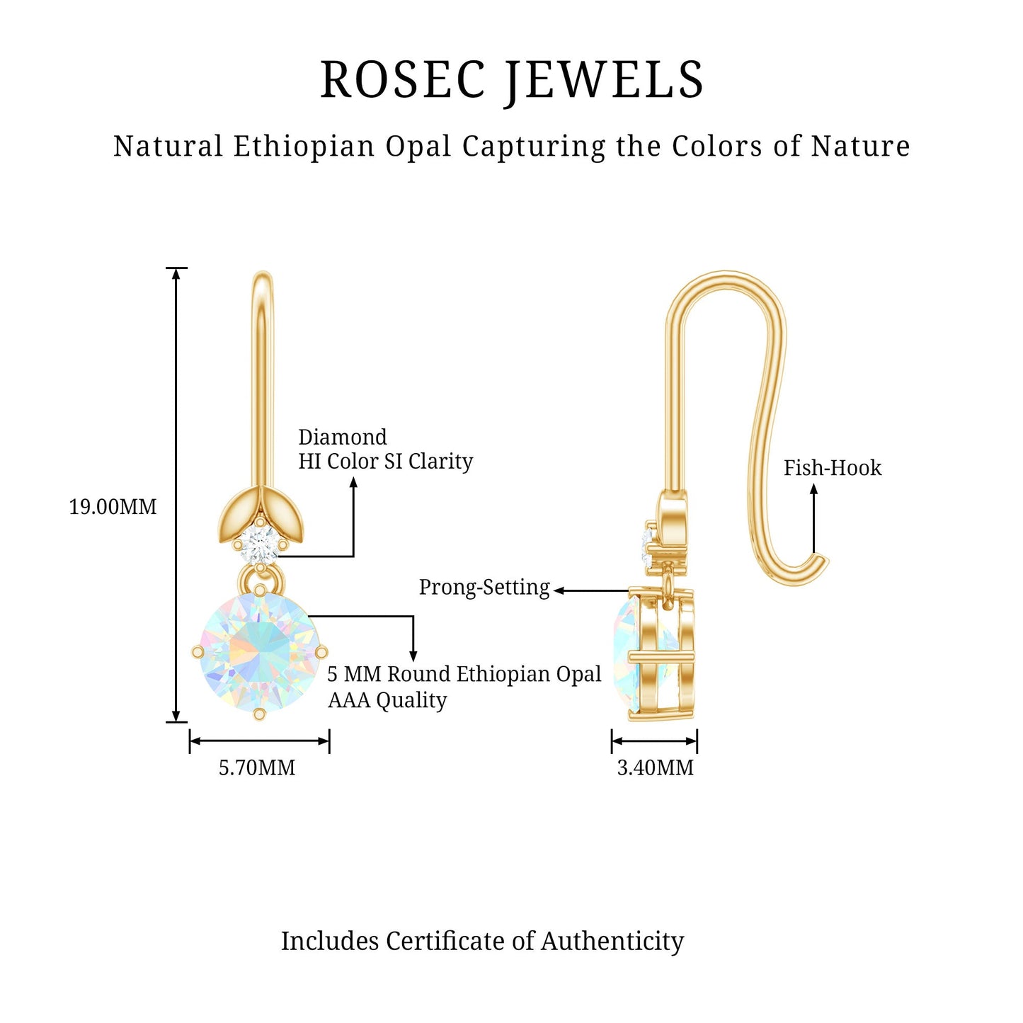 Round Ethiopian Opal and Diamond Drop Earrings with Fish Hook