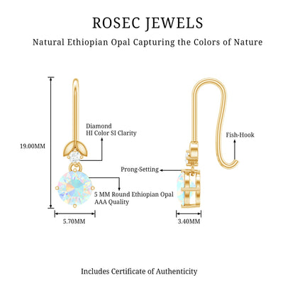 Round Ethiopian Opal and Diamond Drop Earrings with Fish Hook