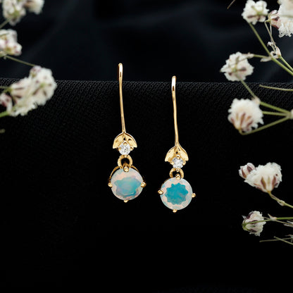 Round Ethiopian Opal and Diamond Drop Earrings with Fish Hook