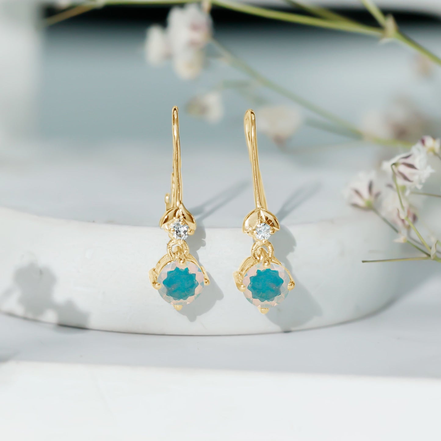 Round Ethiopian Opal and Diamond Drop Earrings with Fish Hook