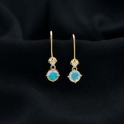 Round Ethiopian Opal and Diamond Drop Earrings with Fish Hook