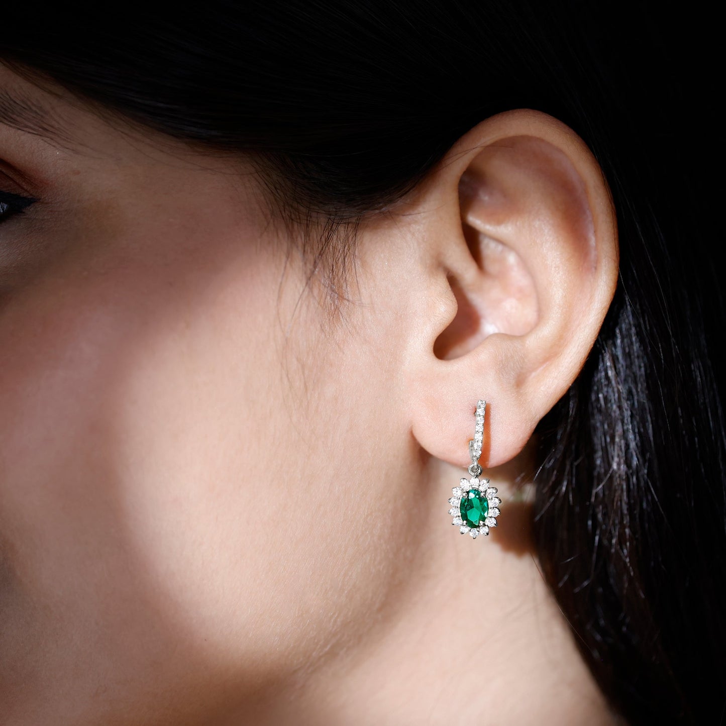 1.7 Carat Oval Shape Lab Grown Emerald Drop Earrings with Diamond