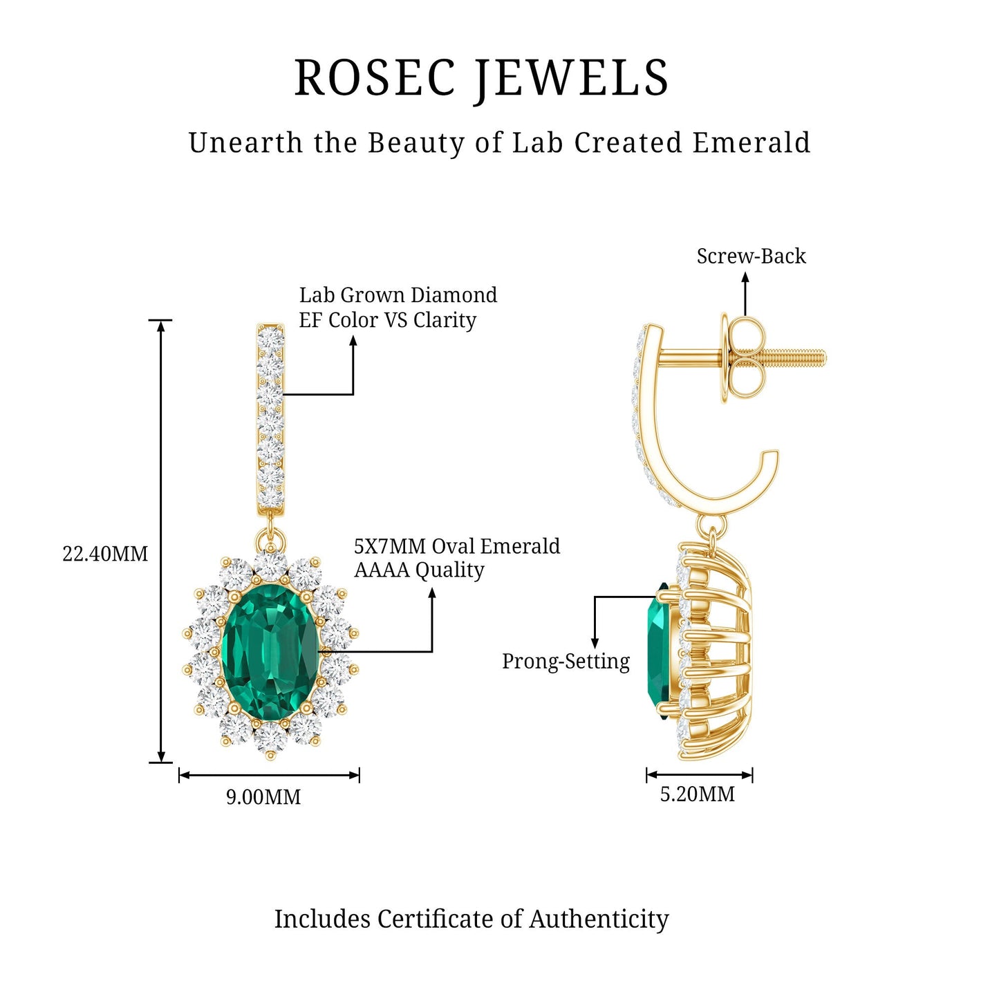1.7 Carat Oval Shape Lab Grown Emerald Drop Earrings with Diamond