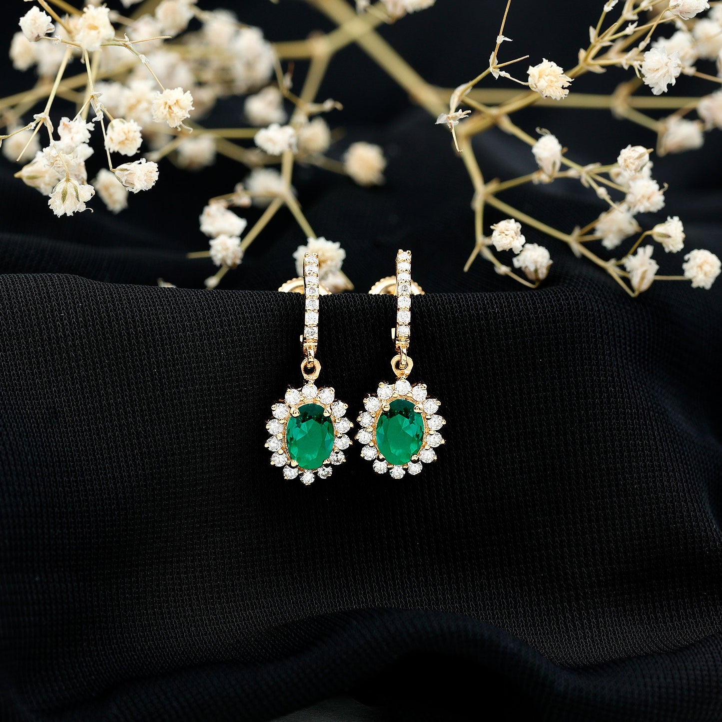 1.7 Carat Oval Shape Lab Grown Emerald Drop Earrings with Diamond