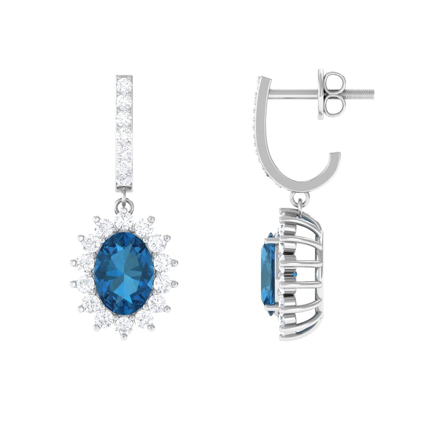 Natural 2.2 Carat London Blue Topaz Drop Earrings with Diamond Halo