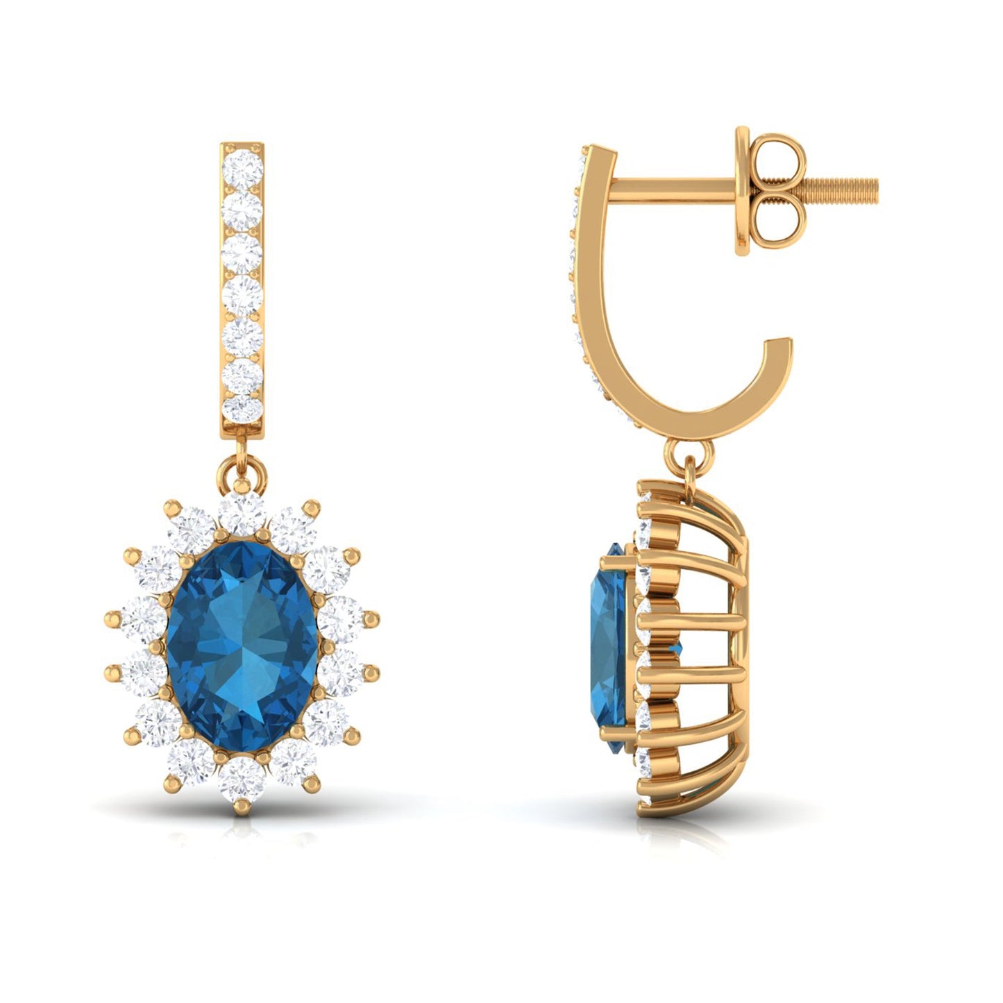 Natural 2.2 Carat London Blue Topaz Drop Earrings with Diamond Halo