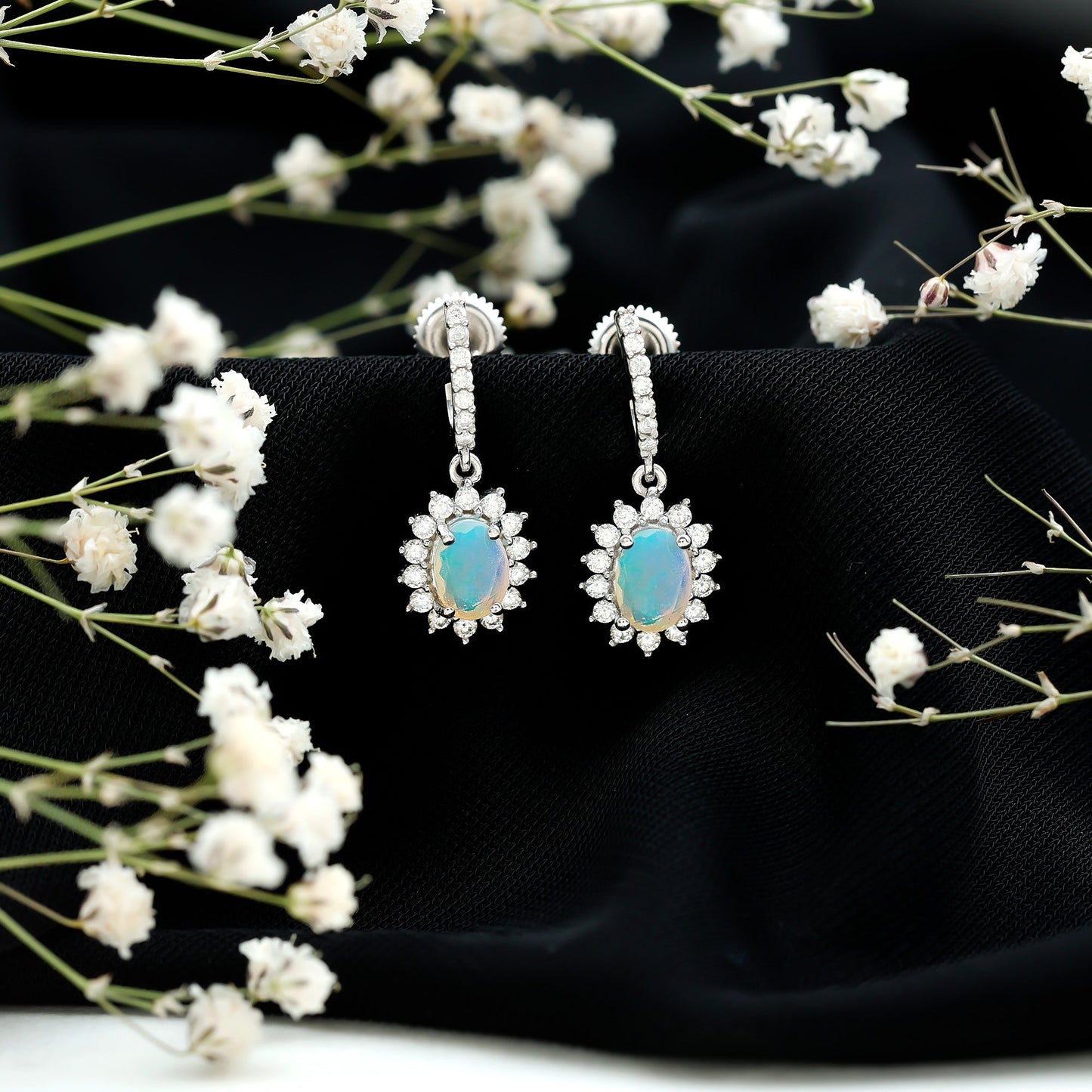 Genuine Ethiopian Opal and Moissanite Hoop Drop Earrings