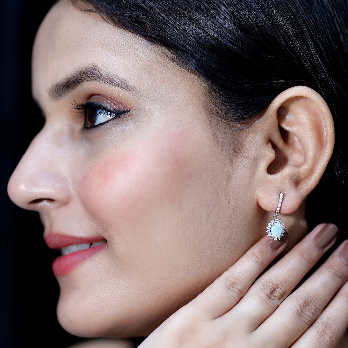 Genuine Ethiopian Opal and Moissanite Hoop Drop Earrings