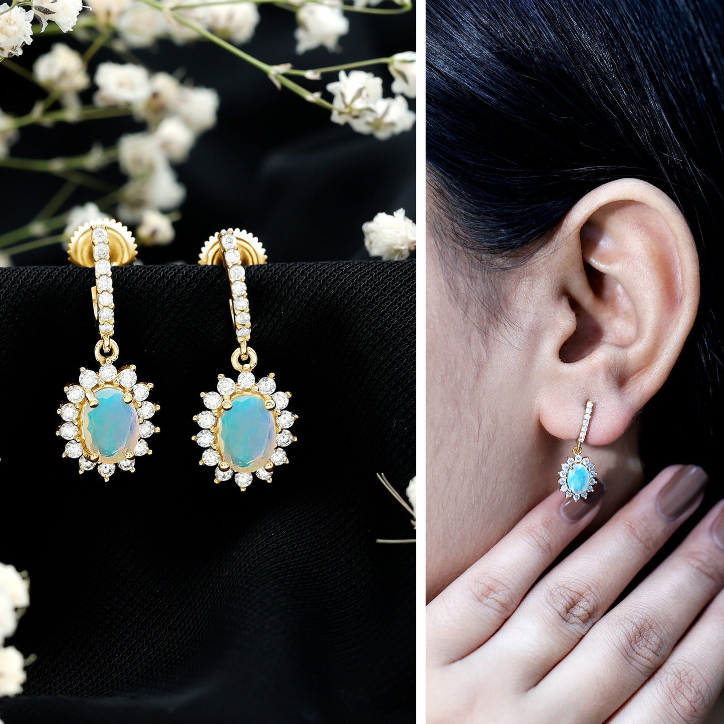 Genuine Ethiopian Opal and Moissanite Hoop Drop Earrings