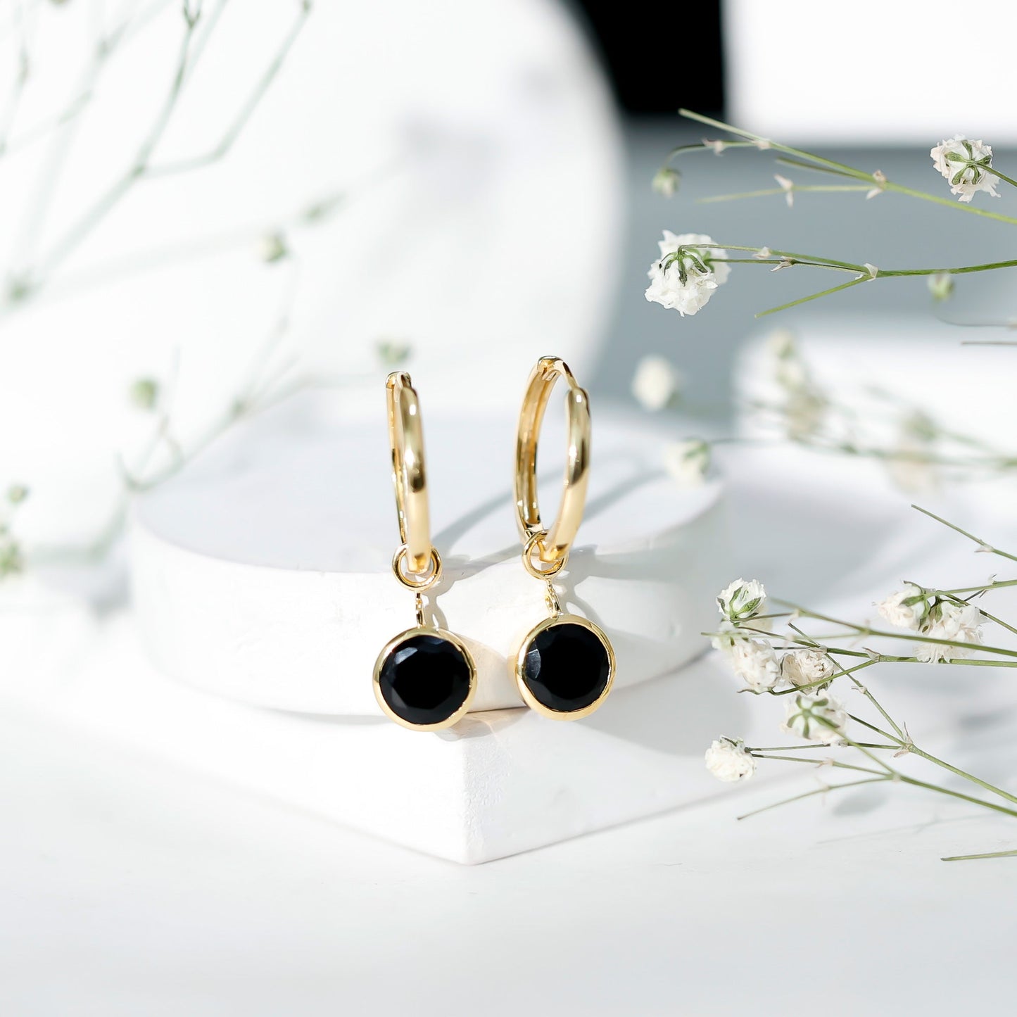 Natural Black Spinel Drop Hoop Earrings