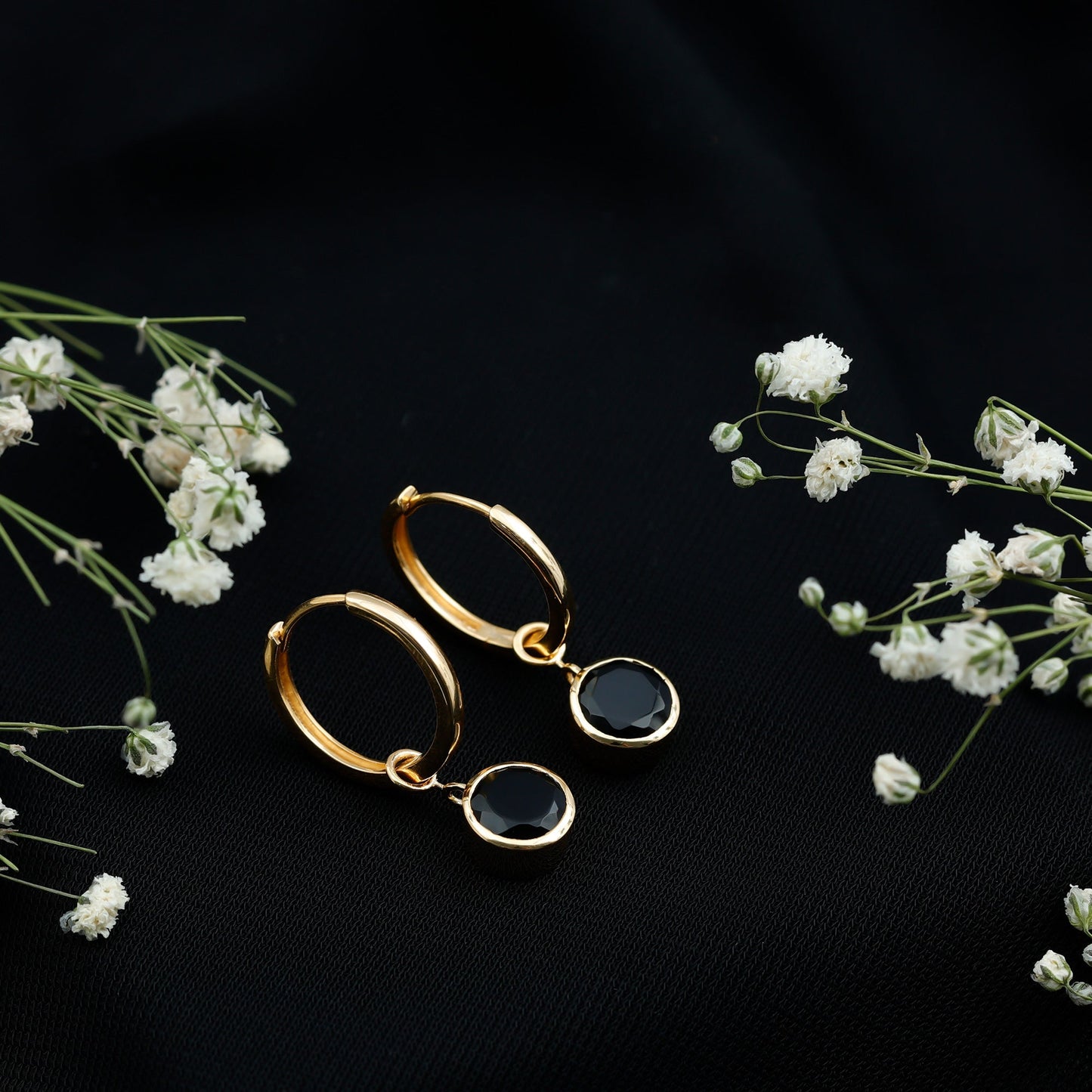 Natural Black Spinel Drop Hoop Earrings