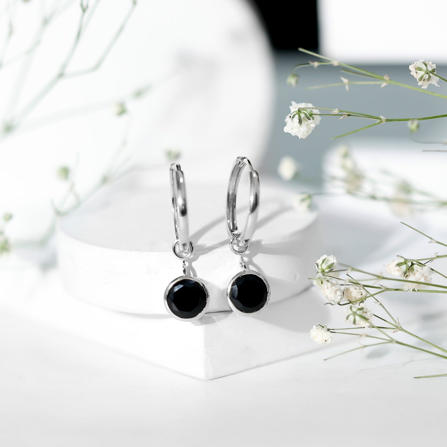 Bezel Set Black Onyx Hinged Hoop Drop Earrings